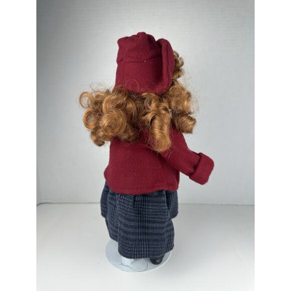 Vintage Porcelain Doll Winter Red Coat plaid dress 13" tall Collectors Choice - Picture 5 of 6
